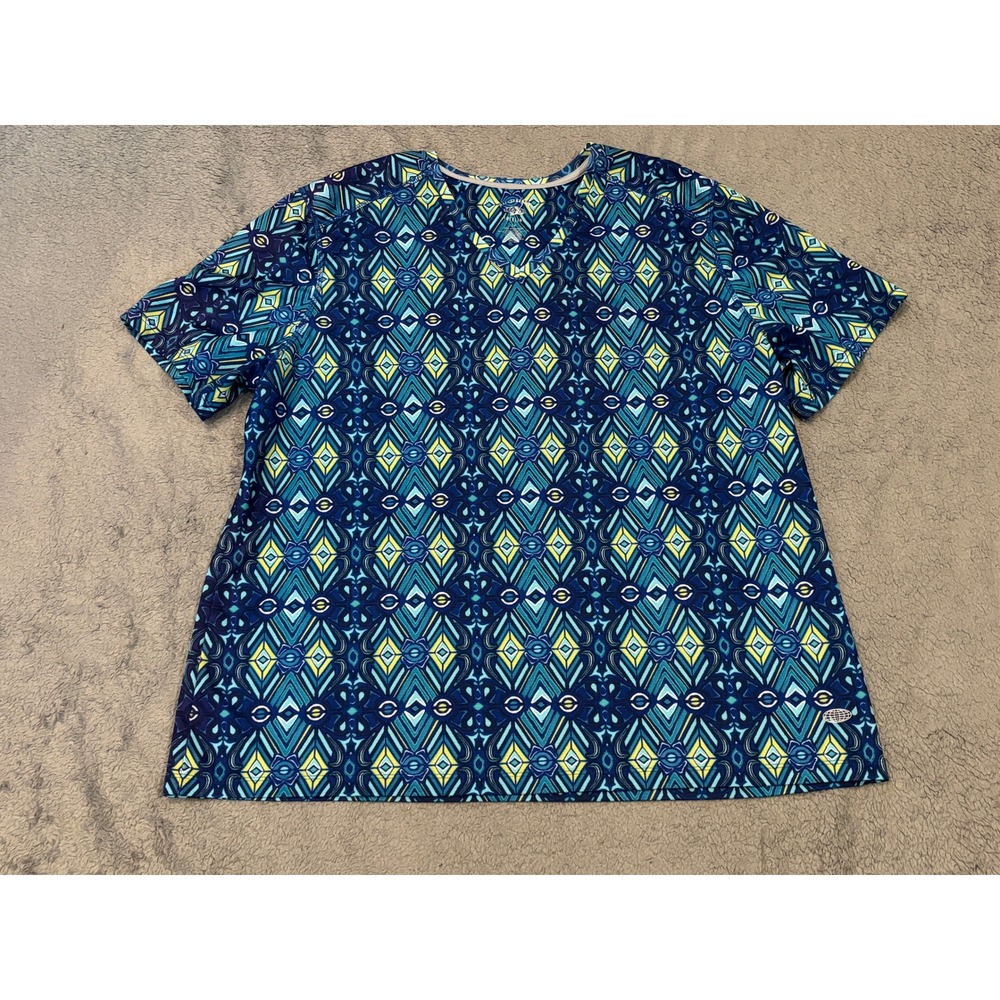 Reel Legends Freeline Womens 1X Blue Geometric Performance Short Sleeve V-Neck